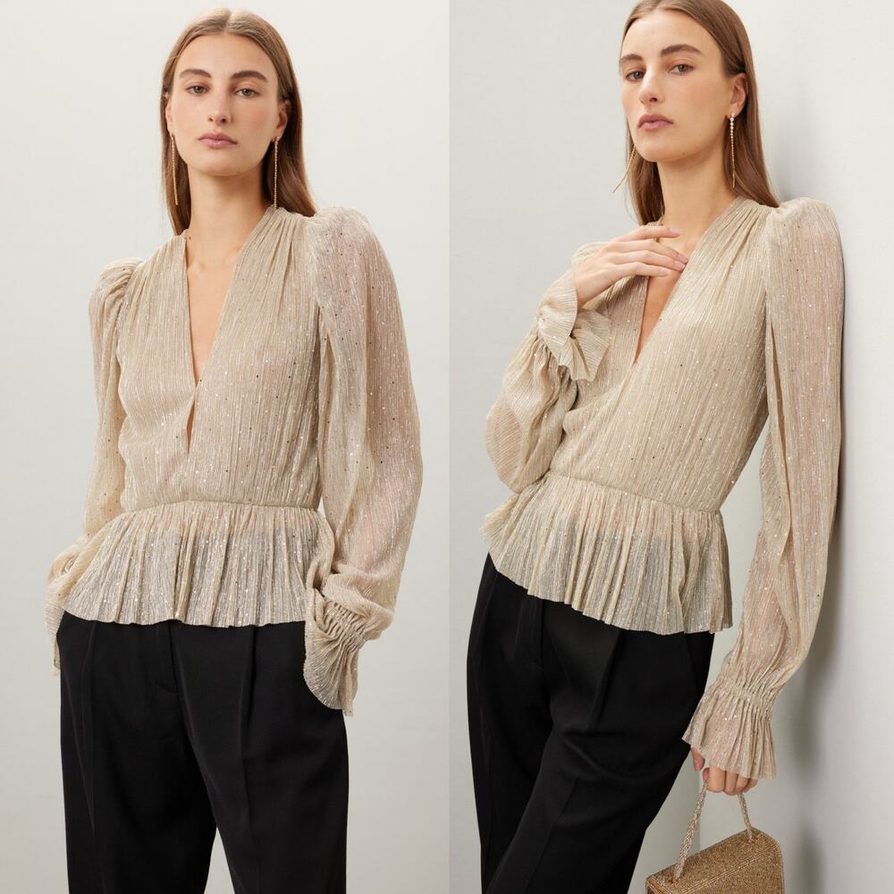 Sabina Musayev Liya Top Champagne Gold Sheer Blouse Size Medium - Picture 10 of 11